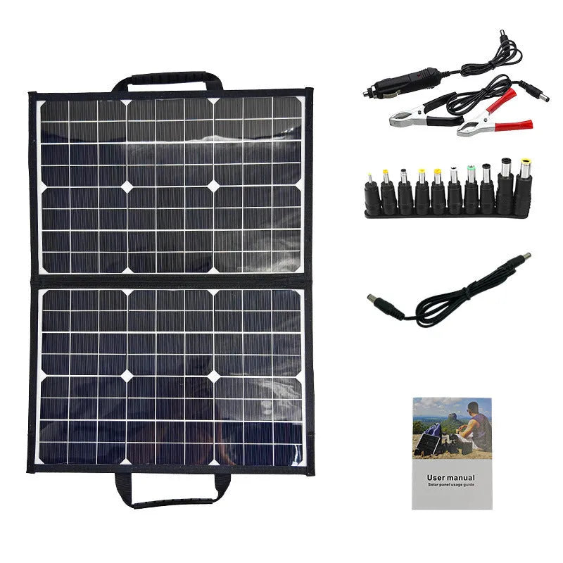 Black folding bag containing a 40W single crystal solar panel, shown folded to 425x285x8mm size.