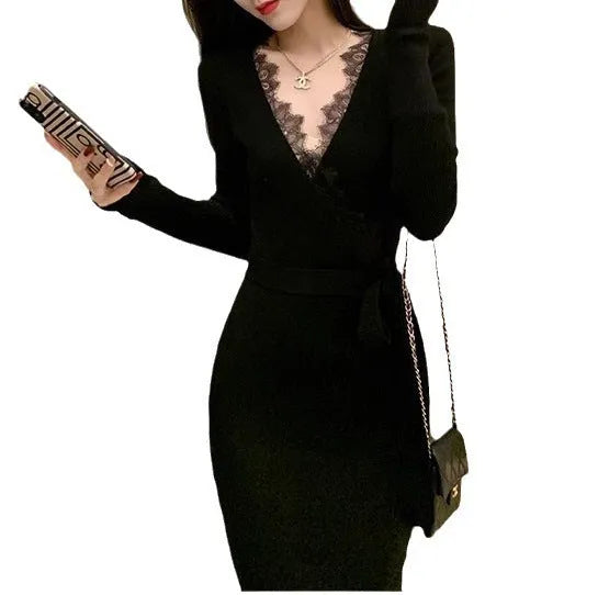 Black women's slim fit woolen skirt with a princess cut silhouette.