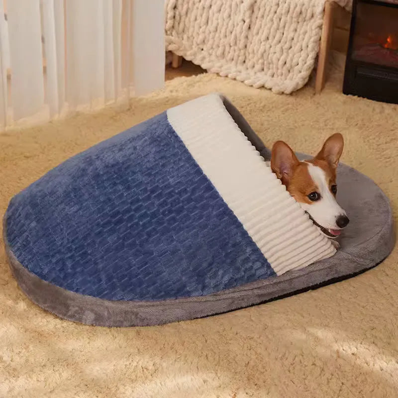 Blue dog sleeping bag bed with removable cover for a medium-sized dog