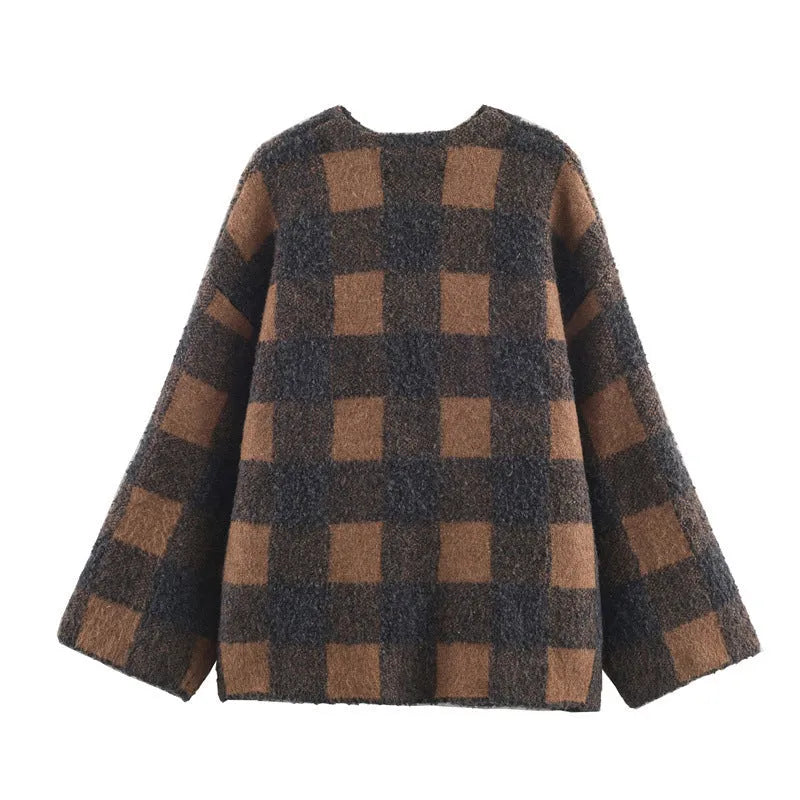 Autumn women's plaid knitted coat in colour block stripes, pullover style, regular fit, polyester blend, Japanese Korean casual wear