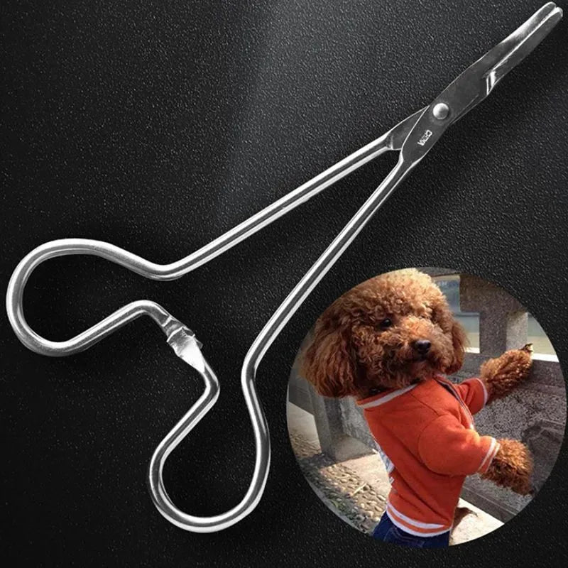 Silver stainless steel pet ear cleaning tweezers with an ergonomic anti-slip handle.