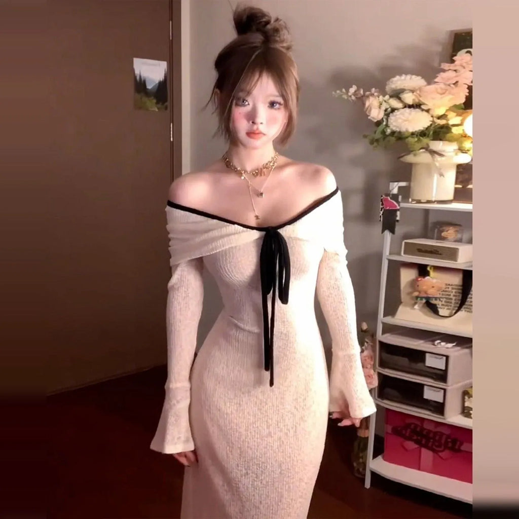 Pure Desire white off-shoulder long-sleeved knitted dress for women, high-waist polyester