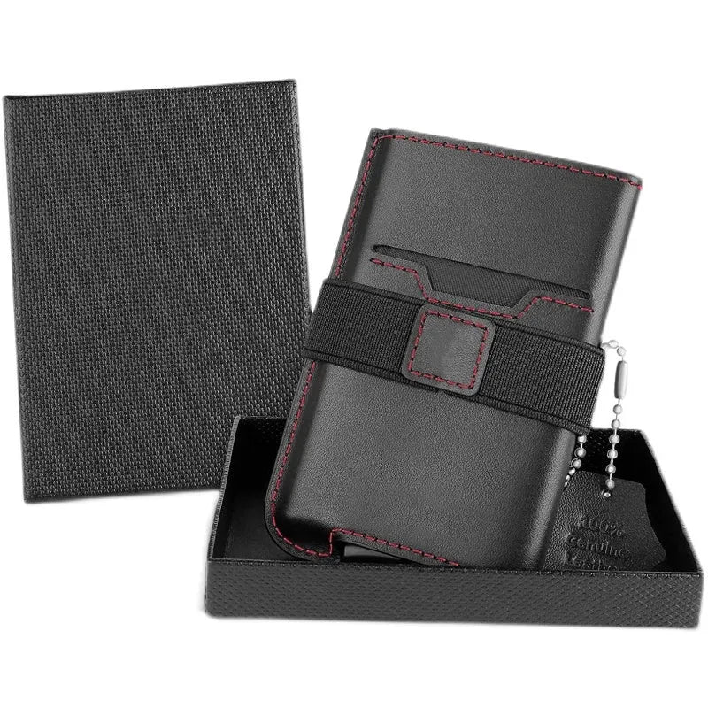 Cowhide leather men's mini card holder wallet, vertical plain design, black or red, with internal card bit.