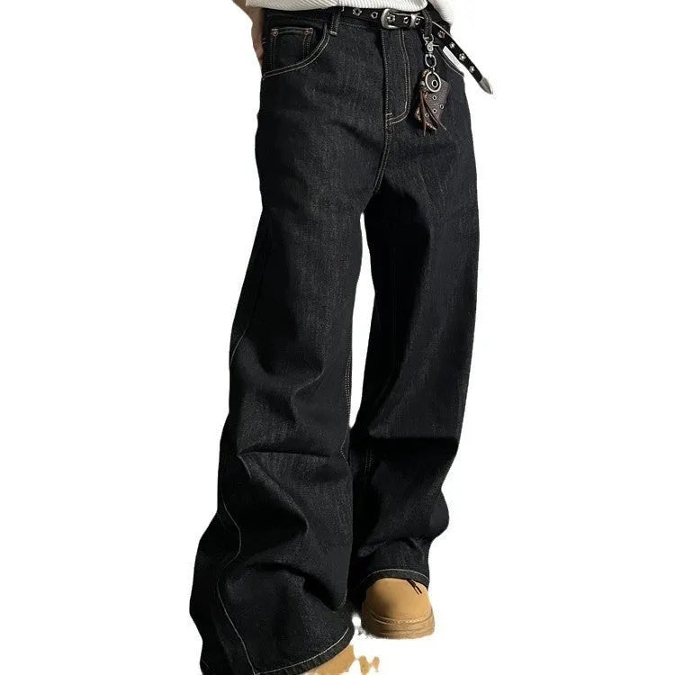 Black retro loose wide-leg jeans with a straight leg cut and zip fly on a mannequin.