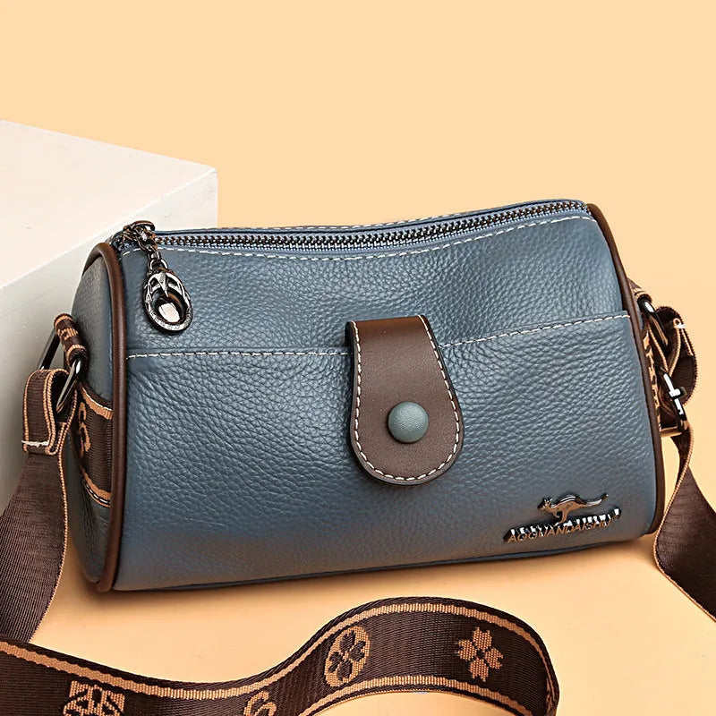 Retro women's leather crossbody bag in khaki, horizontal square shape with top grain leather and spliced detail