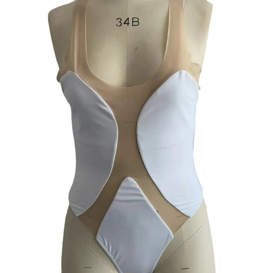 Women's one-piece swimming suit in solid white with hollow mesh pattern and spandex lining