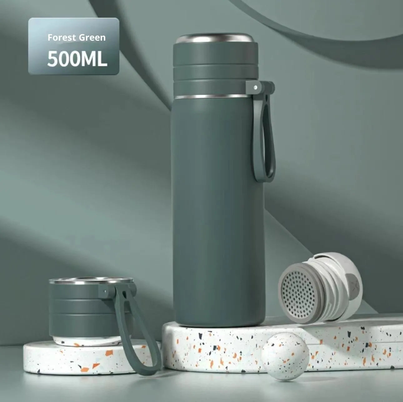 316 stainless steel thermos cup with tea separation, 500ml capacity, army green colour
