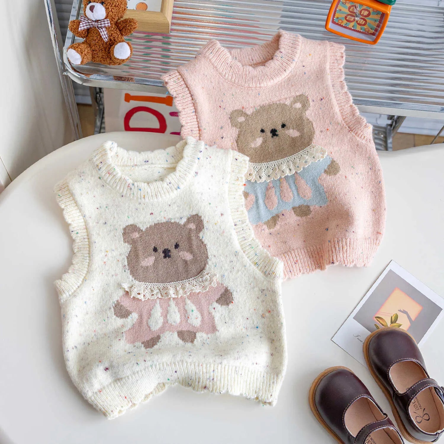 Girls cotton knitted vest with cartoon print in beige colour for toddlers