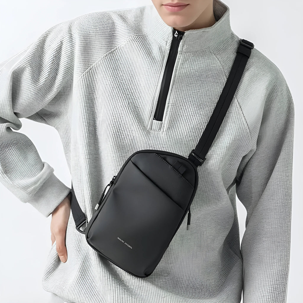 Men's elegant black crossbody bag made from lightweight Oxford cloth with reinforced sewing details