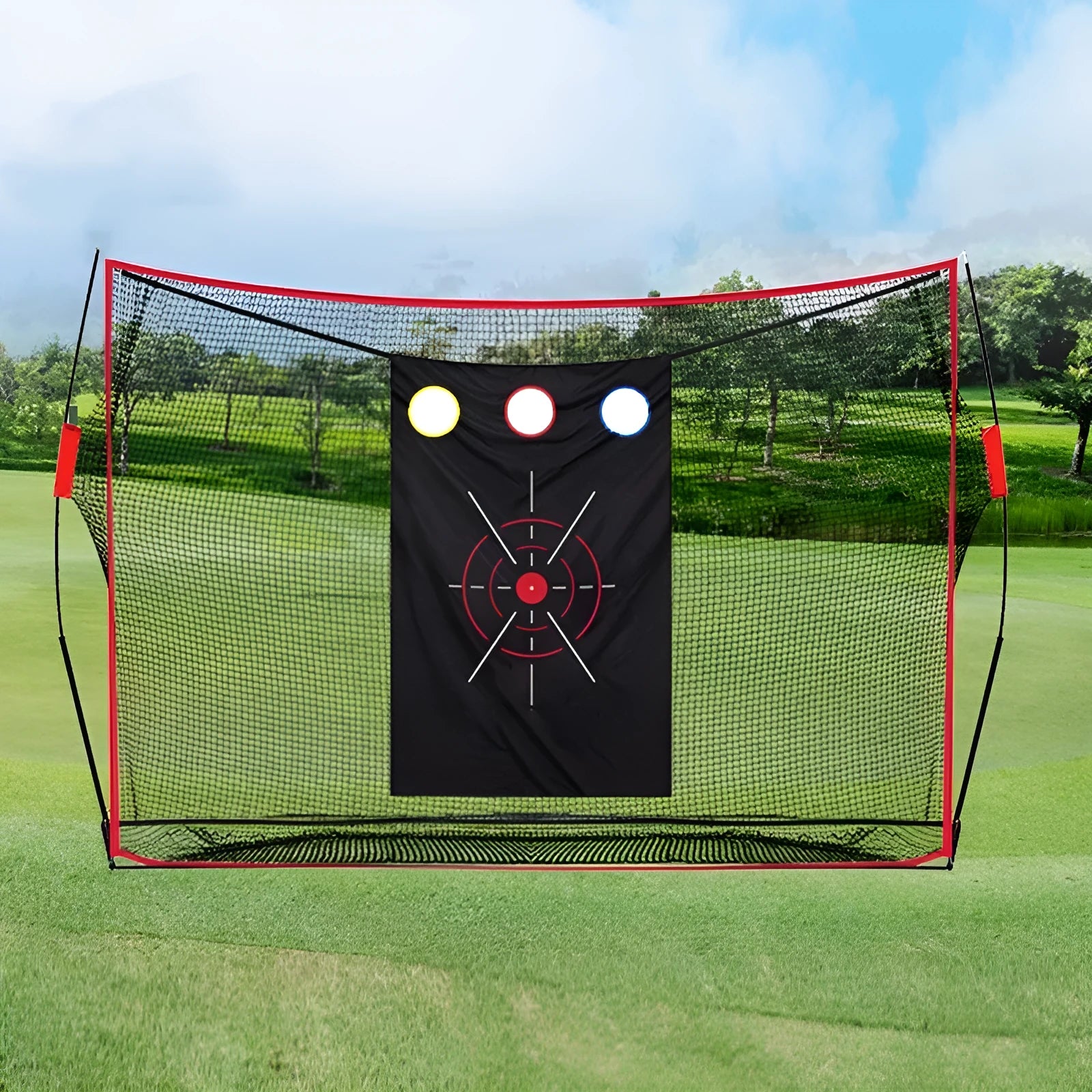 Golf swing wedge training net kit with straw mat, practice balls, and accessories laid out.