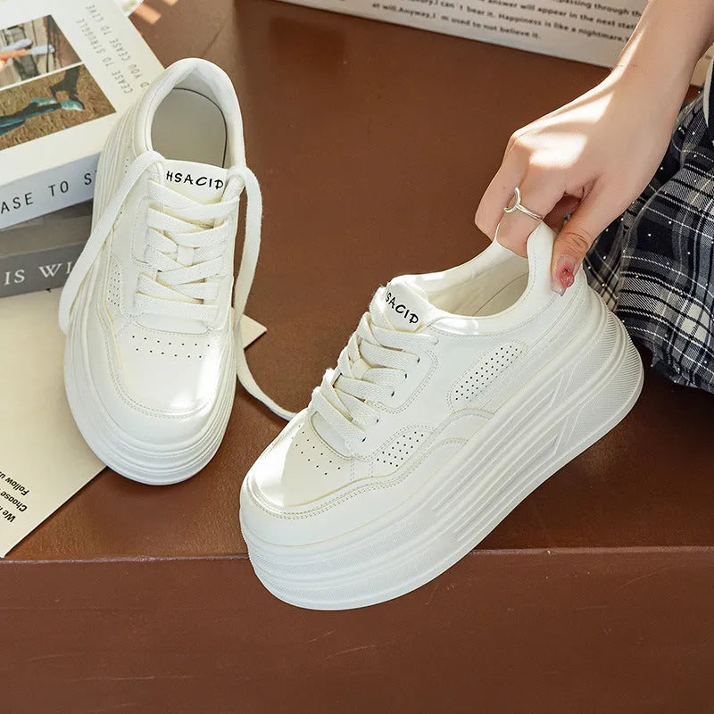 Women's beige platform casual shoes lace-up round toe low top with 6-8cm high heel