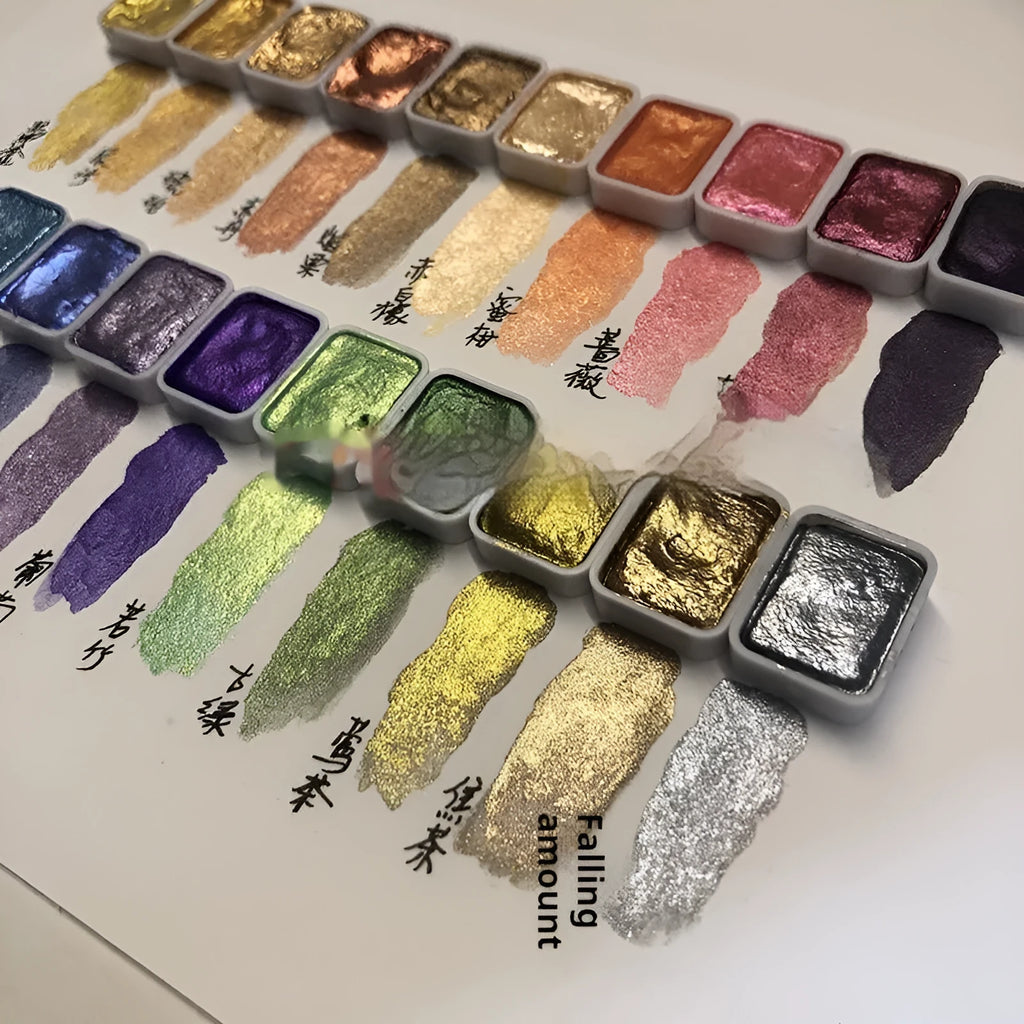 Traditional Chinese painting watercolour set showing 20 colours in warm and cold palettes with red and white gold metallic tubes