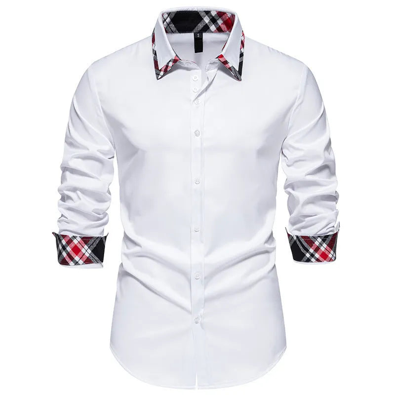 Men's plaid long sleeve shirt with triangle collar in black, blue, or white.