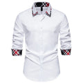 Men's plaid long sleeve shirt with triangle collar in black, blue, or white.
