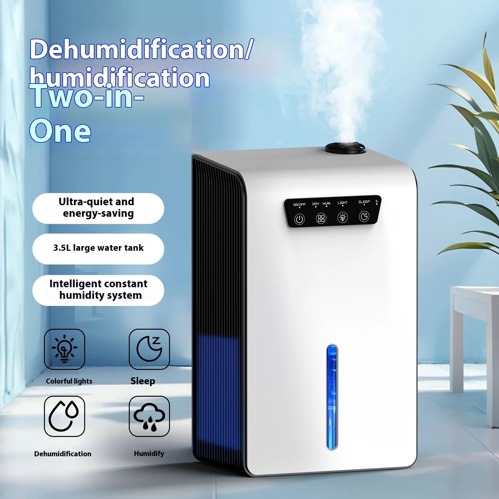 Milky white household dehumidifier for bedrooms and small rooms up to 20 square metres.