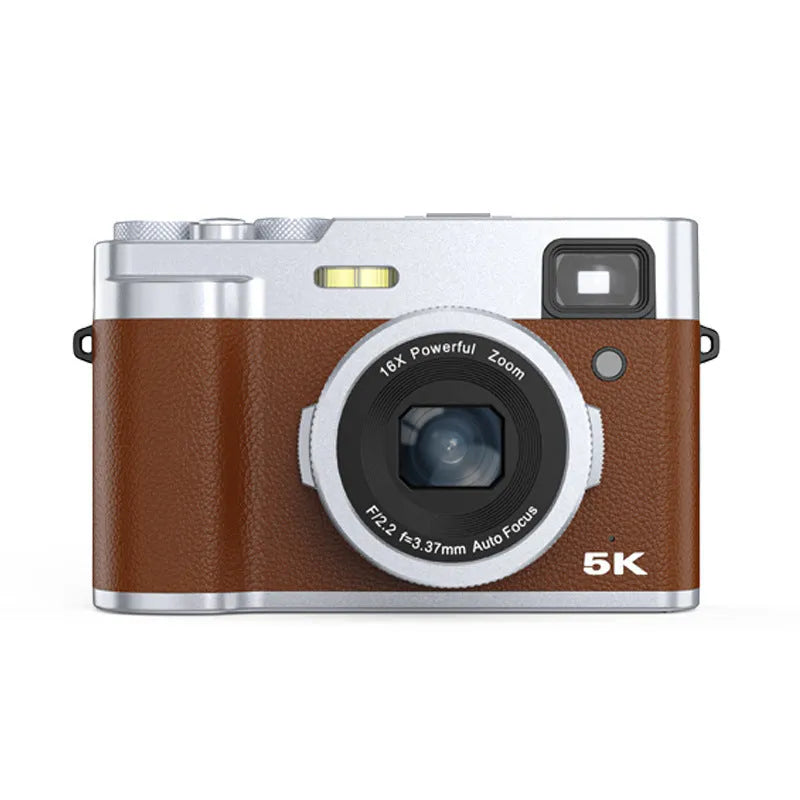 Black and brown 5K digital camera with dual lenses and an optical viewfinder on a 2.88-inch screen.