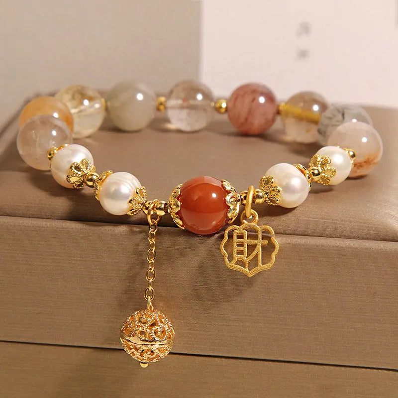 Women's adjustable crystal pearl bracelet with colourful beads and Chinese character charm