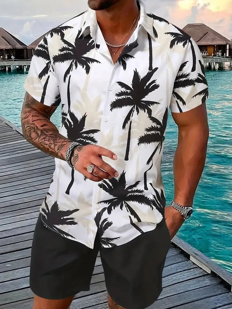 Man wearing a blue 3D printed Hawaii pattern short sleeve shirt and matching shorts leisure set