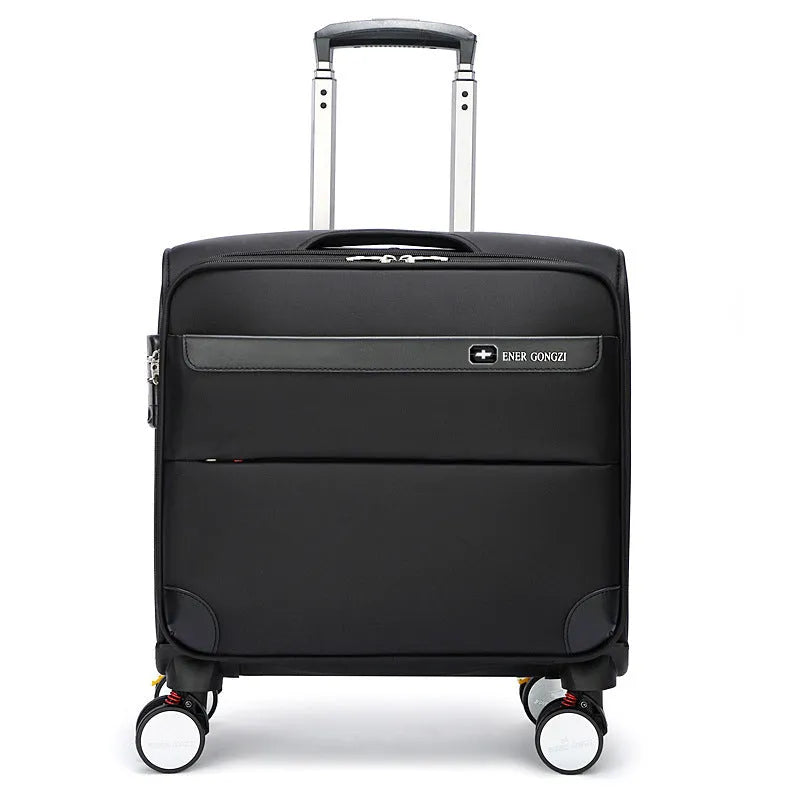 Black 18-inch Oxford cloth carry-on suitcase with retractable handle and universal wheels.