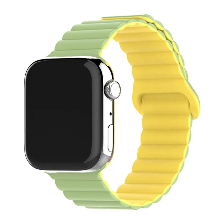 Two-colour silicone magnetic watch band for Apple Watch, sizes 38-49mm, shown in black with orange.