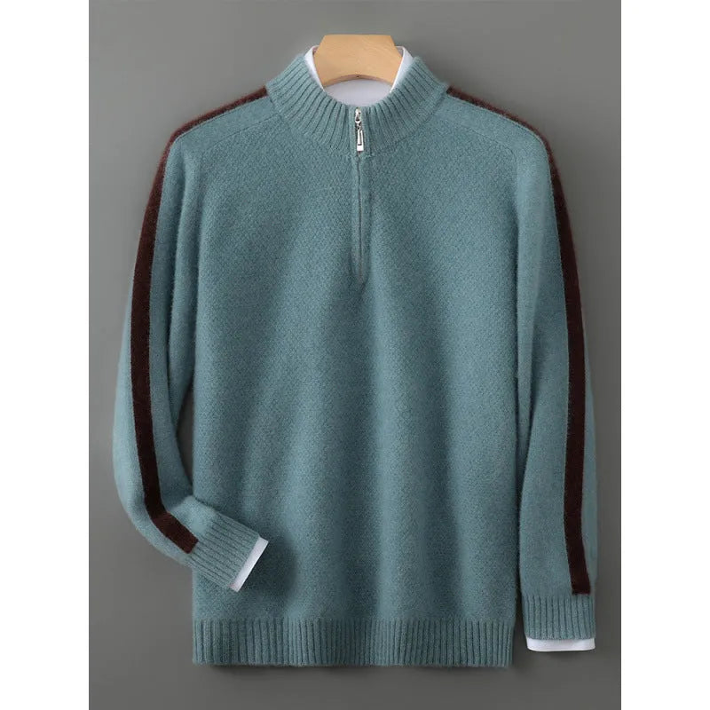 Sheep wool slim-fit pullover sweater with half zip on round neck, shown in various colours.