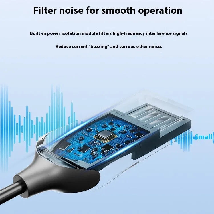 Compact USB car Bluetooth audio receiver with zinc alloy USB plug and copper 3.5mm jack on a PU-coated cable.