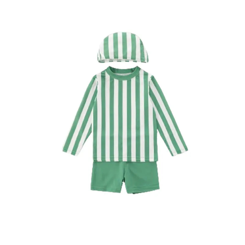 Boys' long sleeve swimsuit with three-colour striped sleeves in green, brown or sky blue, sizes 90cm to 140cm