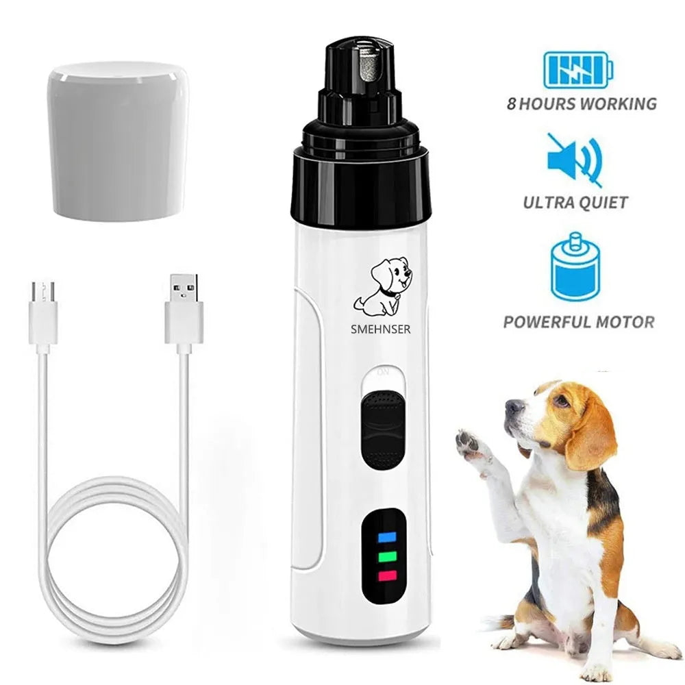 Electric dog nail trimmer device with LED display showing speed settings and automatic piercing function.
