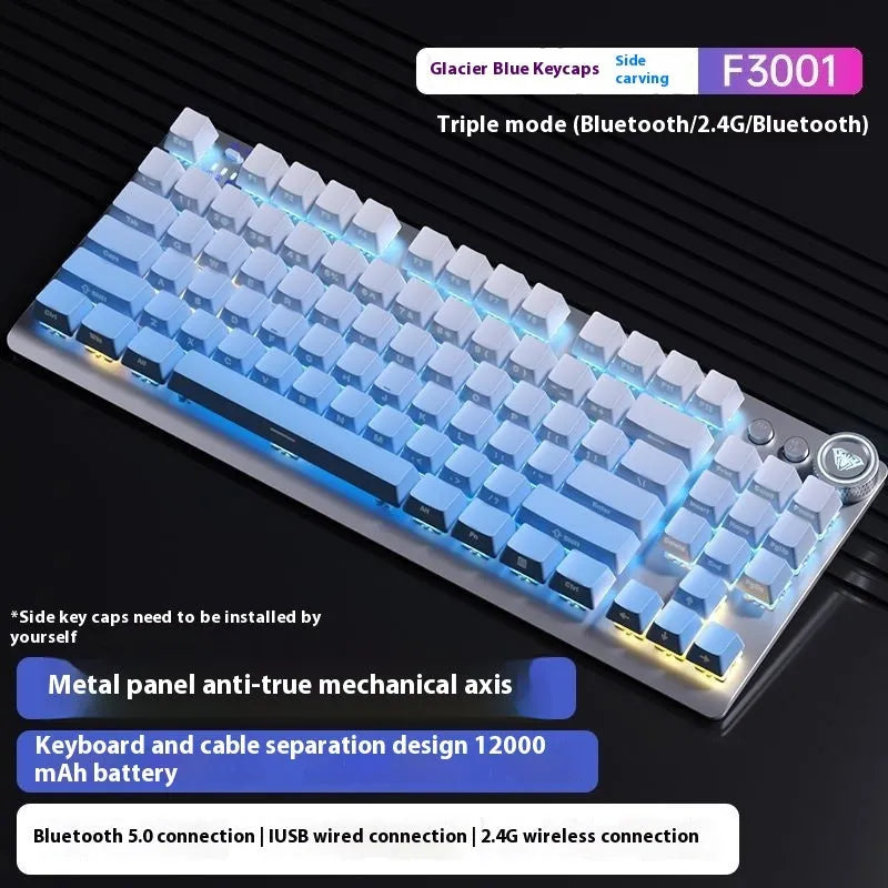 Wireless mechanical keyboard with side engraving and metal construction showing Bluetooth connectivity