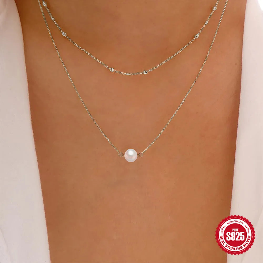 S925 sterling silver double layer pearl necklace with twin accents in gold plating