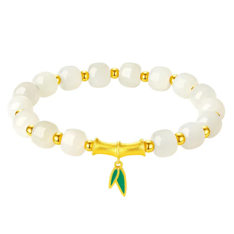 S925 sterling silver bracelet with natural Hetian jade beads and bamboo leaf design elements