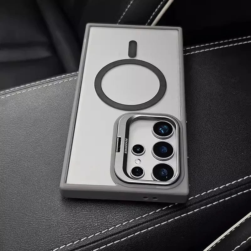 Magnetic PC phone case for Samsung with metal kickstand bracket in gray next to a Samsung phone