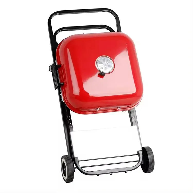 Outdoor foldable hand-push bicycle barbecue grill with 42.5x50cm plate and enamel coating for 5+ people