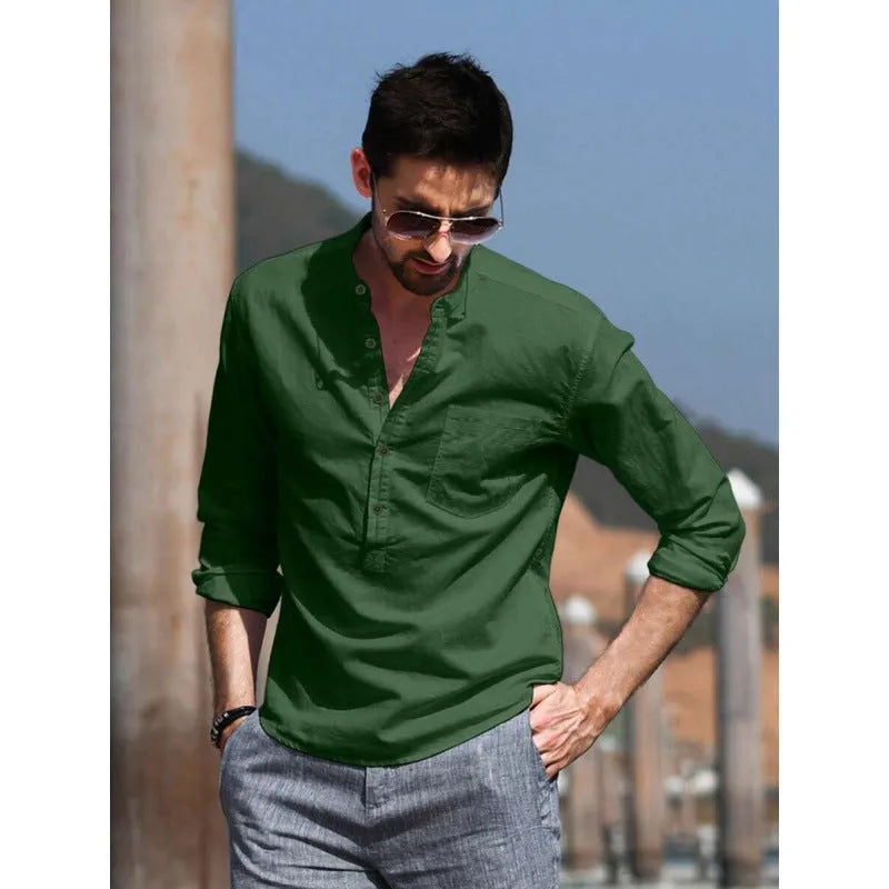Men's slim fit fleece lined long sleeve top in Army Green, made from hemp blend with four-way stretch