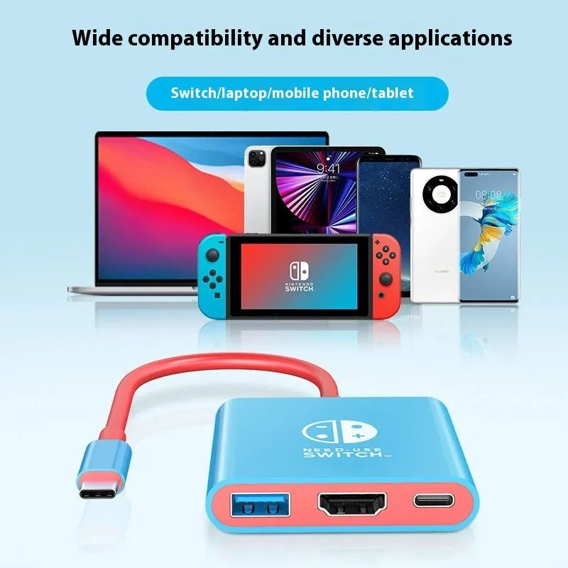 Three-in-one Type-C docking station converter with 15cm line and ABS housing in black and red
