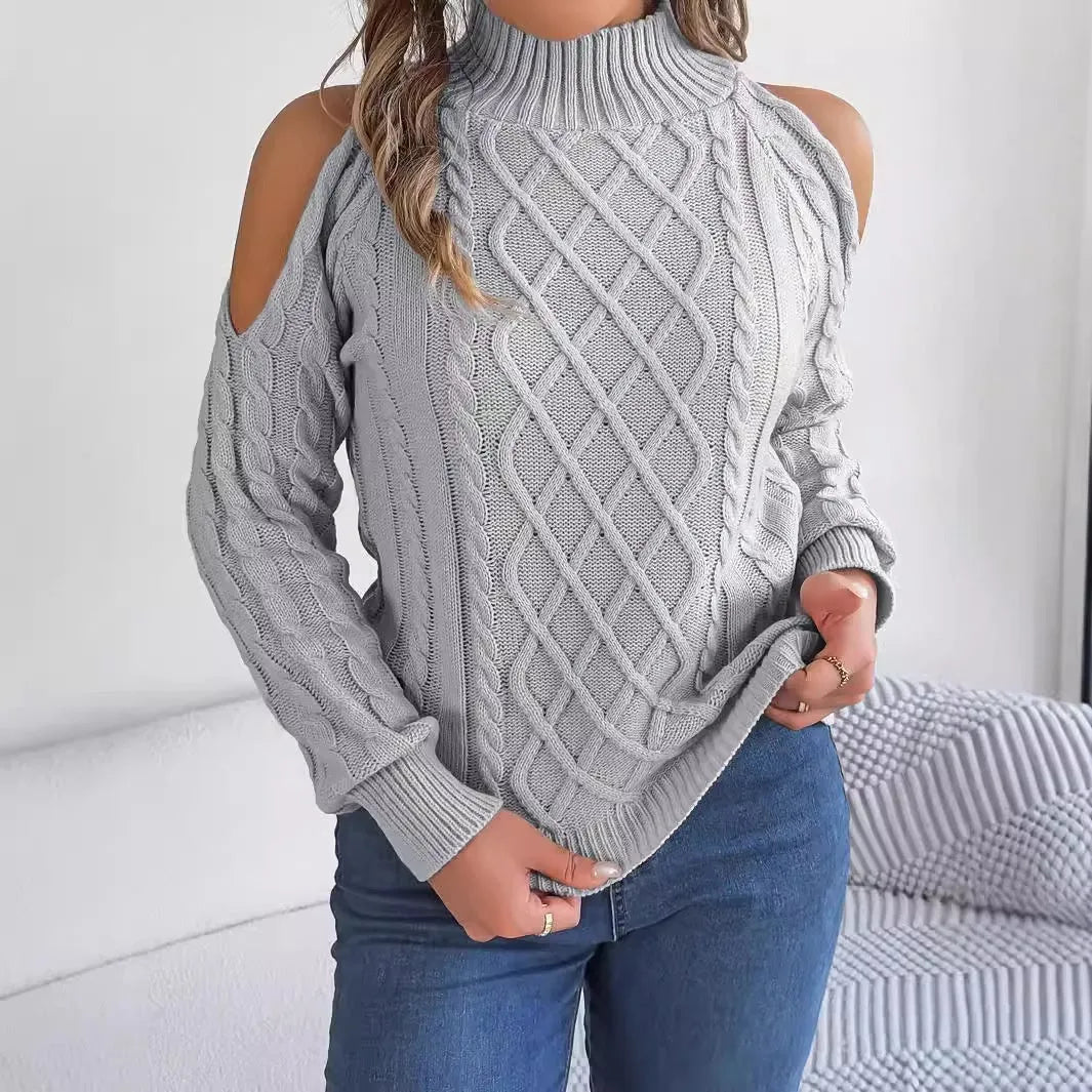 Gray women's pullover sweater with a strapless half-high collar and long, twisted lantern sleeves.