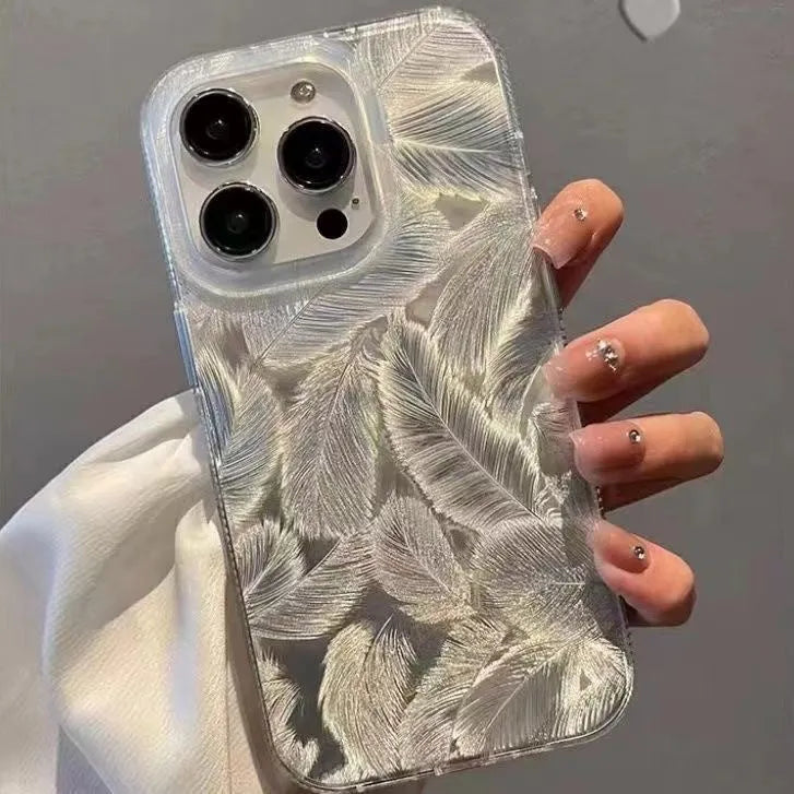 Feather pattern gradient TPU phone case in silver grey with small feather design for iPhone