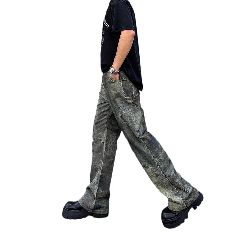 Men's straight leg jeans with a retro digital camouflage print on blue denim.