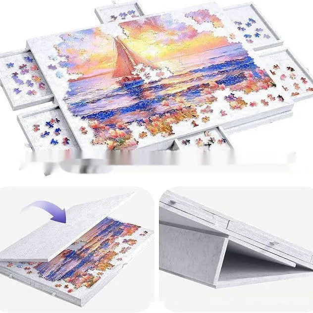 Portable puzzle table board with felt surface, six drawers, bracket cover, silver grey or dark grey