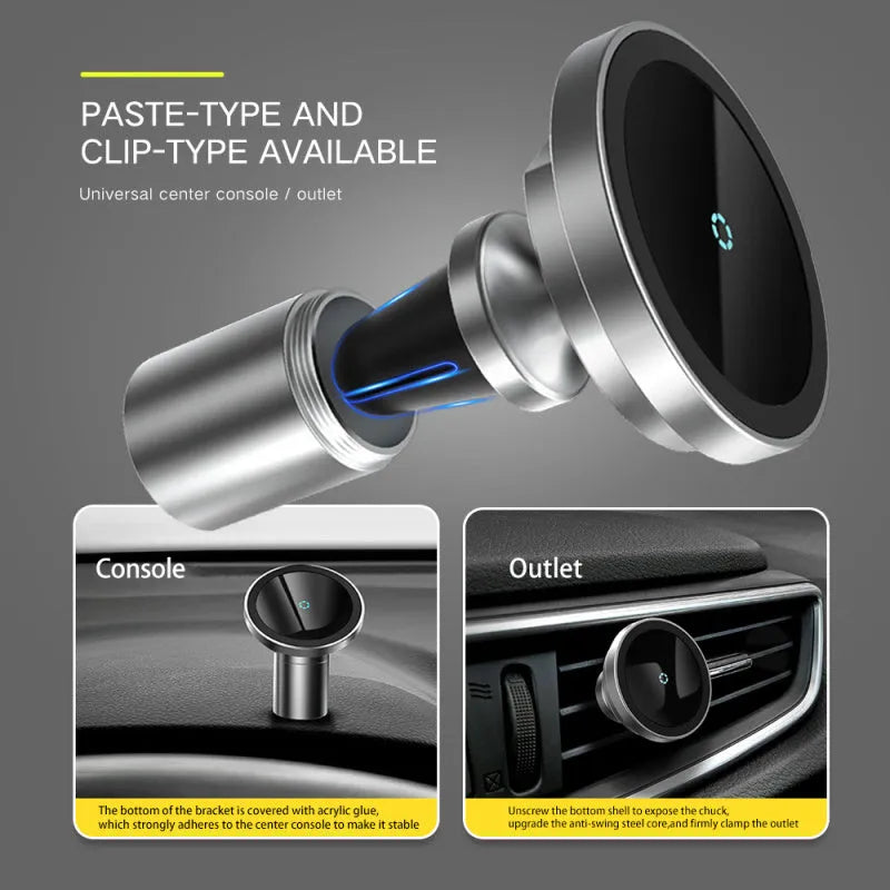 15W magnetic car wireless charger, silver rotating base bracket for iPhone 12 series and Android phones