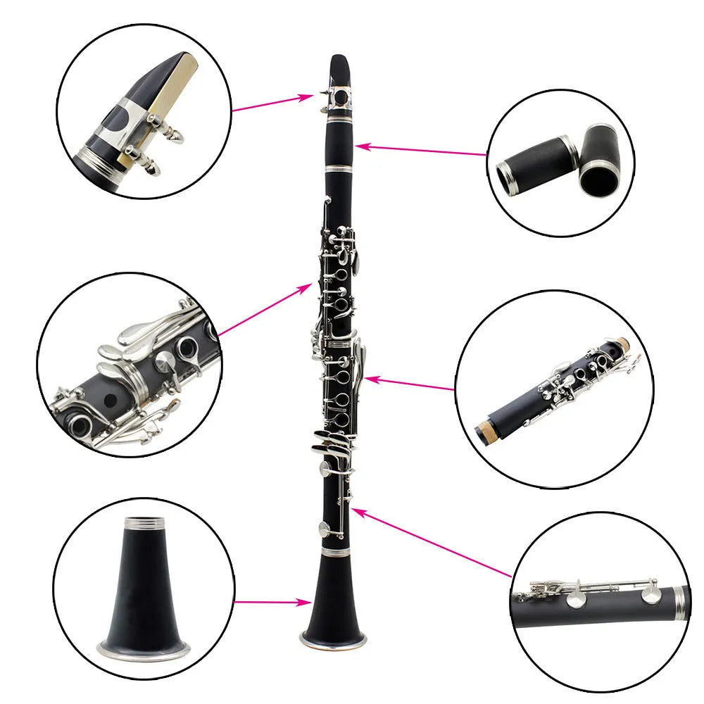 Black Bakelite clarinet with nickel-plated 17-key mechanism and protective carry bag
