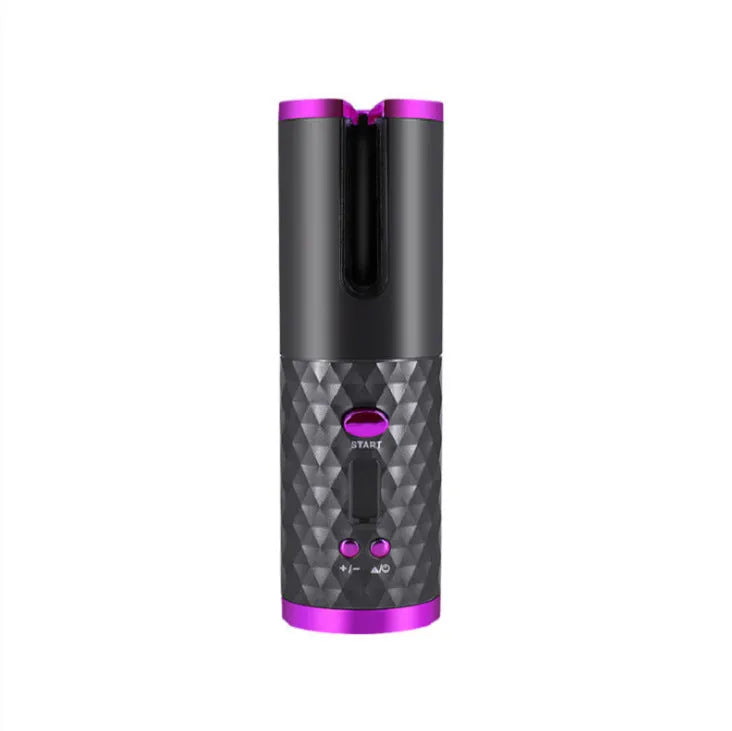 A white portable curling iron with a USB charging port and a gold ceramic barrel on a stand.