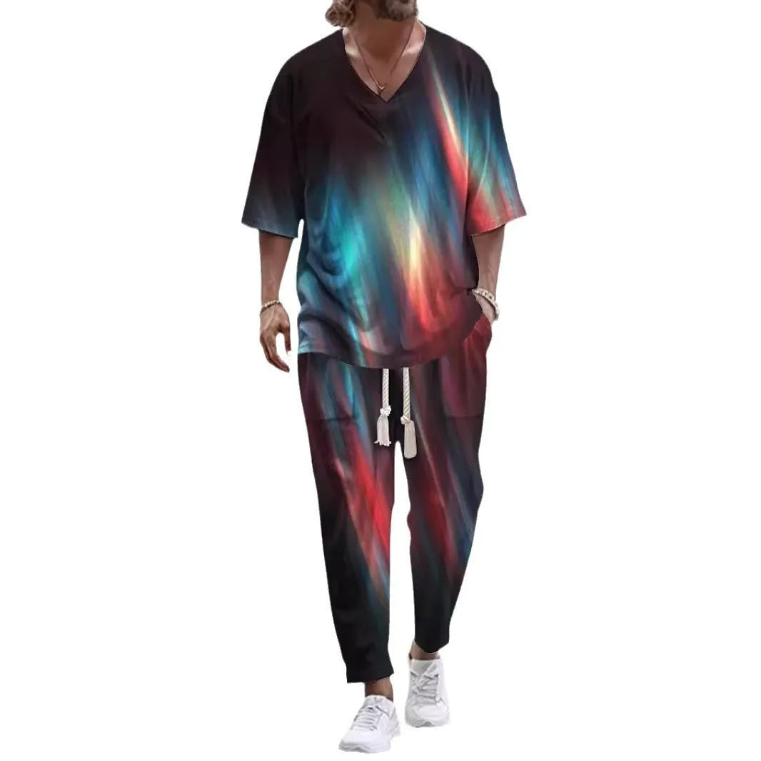 Lightweight polyester trousers suit with V-neck cropped sleeve jacket and matching trousers in multiple colours.