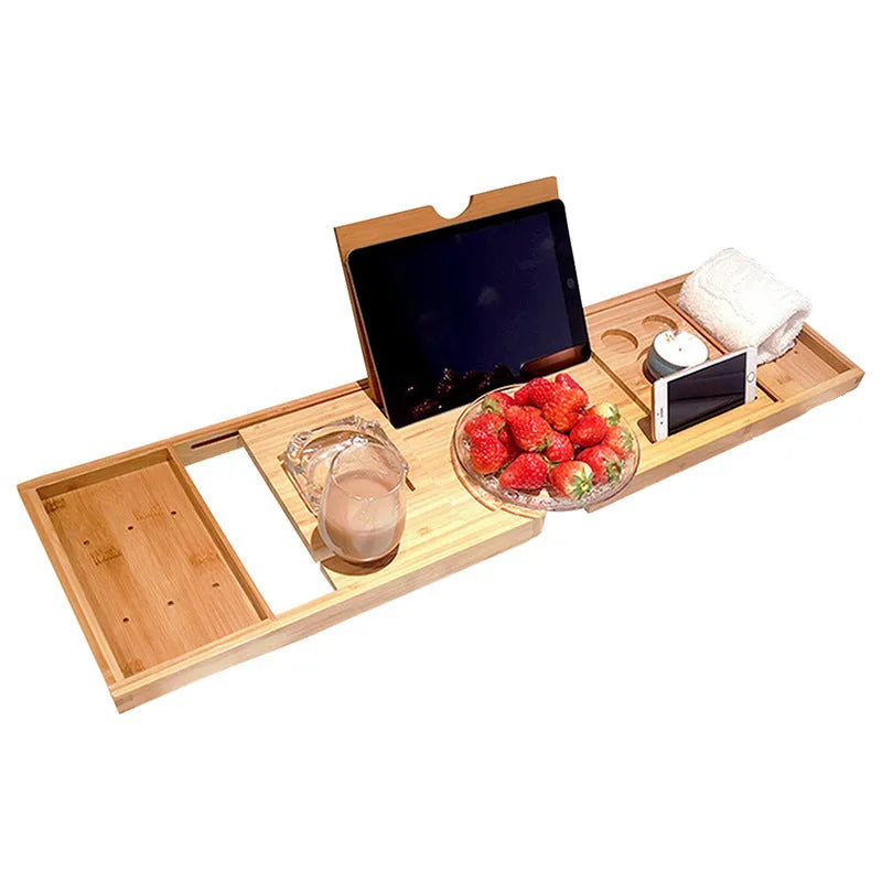 Bamboo bathtub storage rack retractable bathroom bath pallet rack with European natural finish