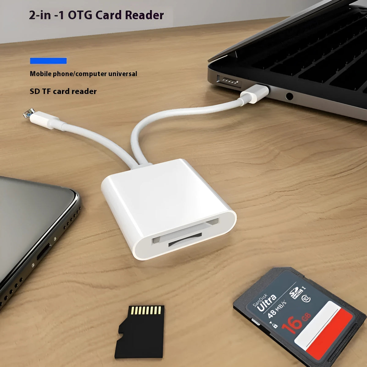 Type-C OTG SD TF memory card reader adapter cable with ABS shell and TPE line, 14.5 x 4 x 1.1 cm, in pearlescent bag
