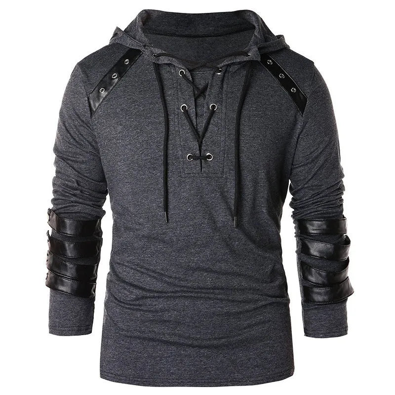 Hooded long sleeve cotton t-shirt in grey, black or army green with plain print, lapel collar and straight fit