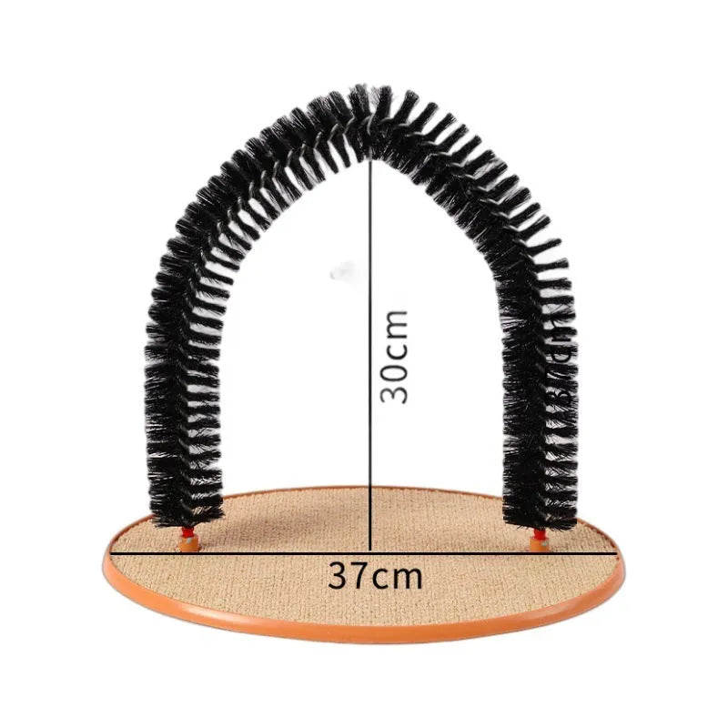Black arch-shaped cat scratch post with rubbing surface and attached plush mouse toy