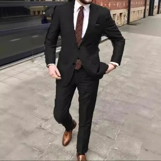 Men's slim fit acetate fibre business suit in multiple colour options with two-button jacket and matching trousers