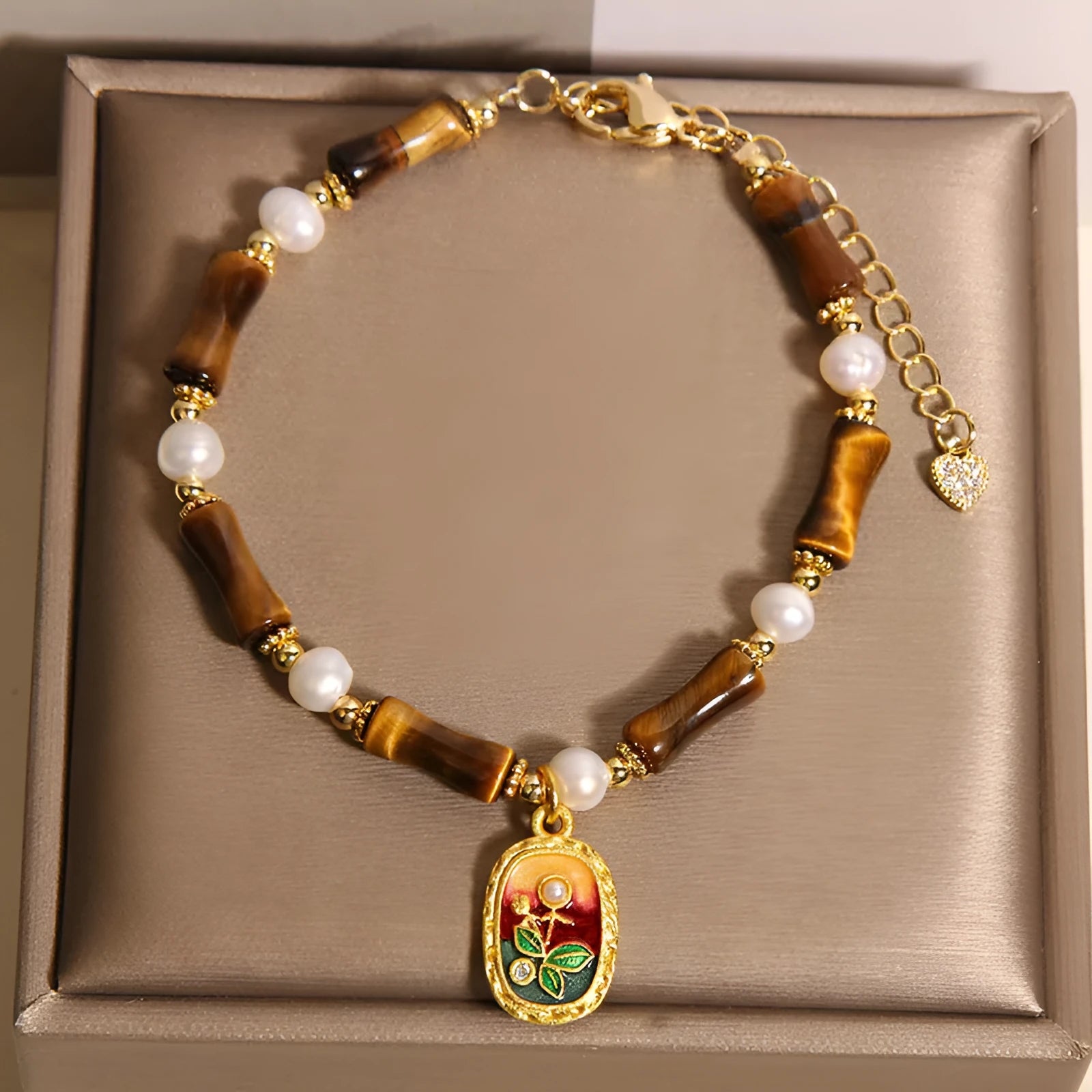 Chinese style stone bamboo bracelet with glass beads in amber colour for women