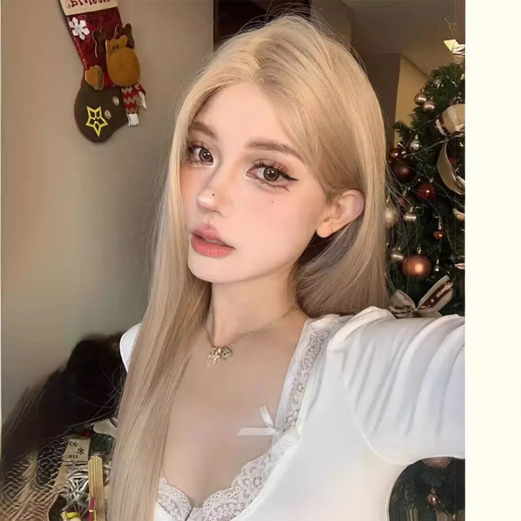 Milk tea blonde straight synthetic wig with hair net on display stand